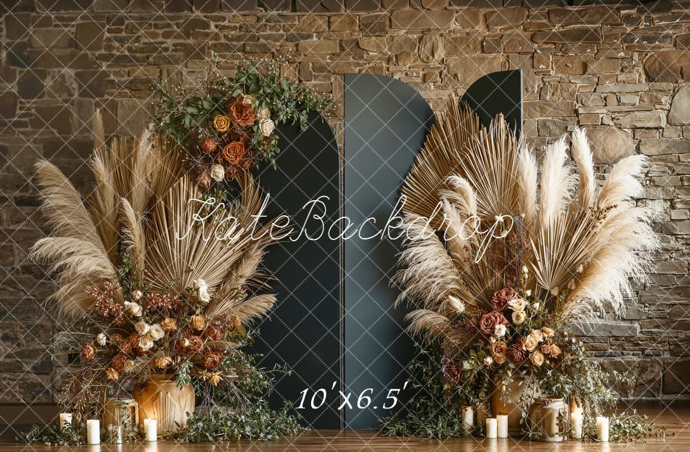 Kate Boho Dried Palm Floral Stone Wall Backdrop Designed by Emetselch - Image 4