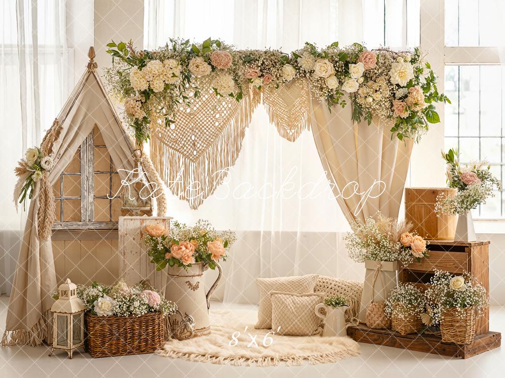 Kate Boho Floral Arch Tent Macrame Fleece Backdrop Designed by Emetselch