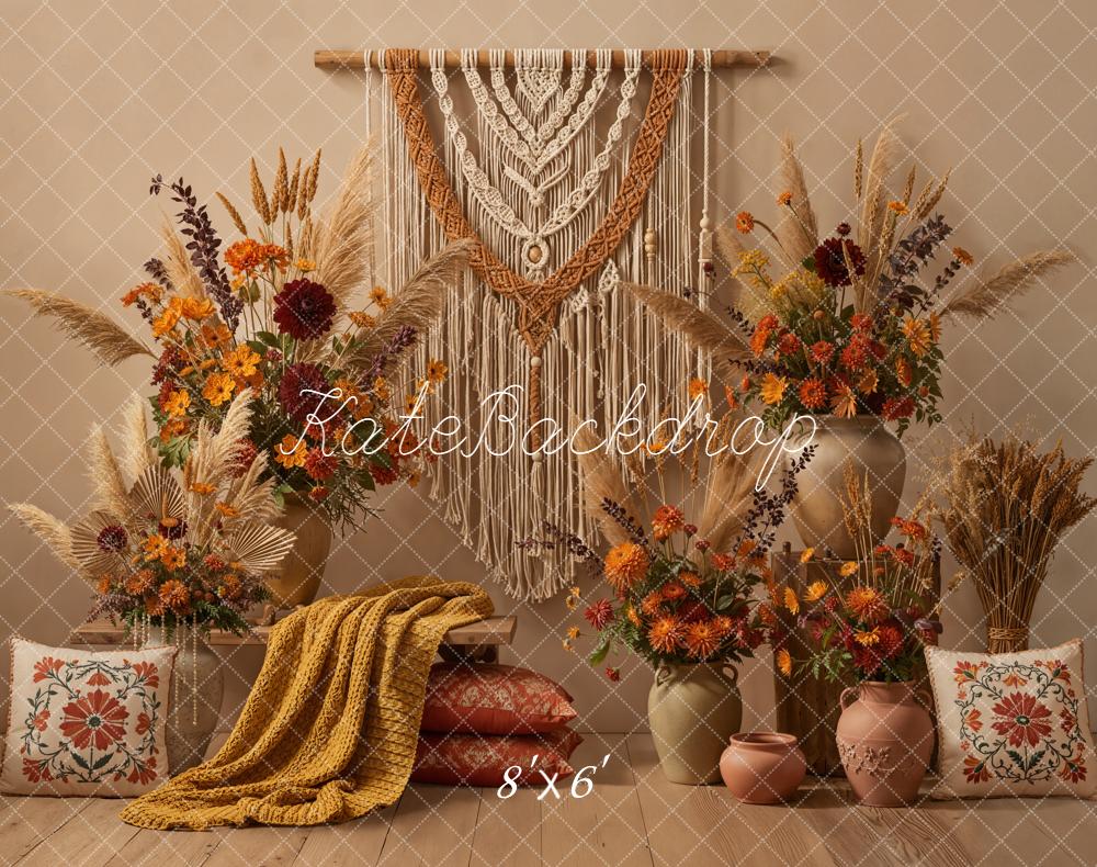Kate Autumn Boho Macrame Earth Tones Fleece Backdrop Designed by Emetselch