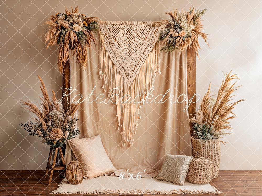 Kate Boho Macrame Pampas Neutral Fleece Backdrop Designed by Emstselch