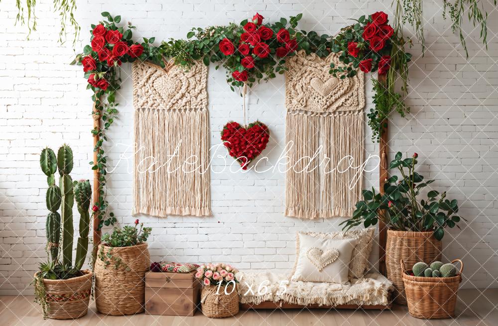 Kate Boho Macrame Red Roses White Brick Backdrop Designed by Emetselch - Image 4