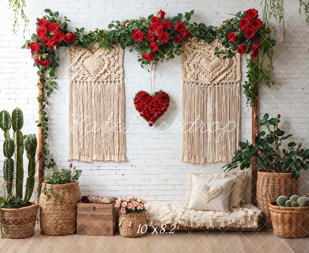 Kate Boho Macrame Red Roses White Brick Backdrop Designed by Emetselch - Image 6