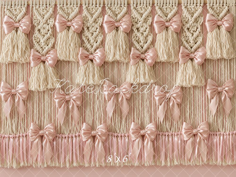 Kate Boho Macrame Tassels Pink Bows Fleece Backdrop Designed by Angela Marie Photography