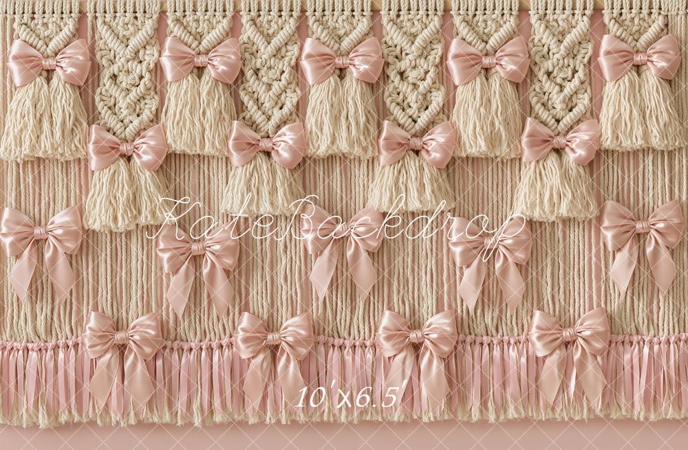 Kate Boho Macrame Tassels Pink Bows Fleece Backdrop Designed by Angela Marie Photography - Image 2