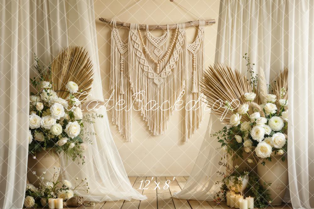 Kate Boho Macrame White Roses Pampas Fleece Backdrop Designed by Chain Photography - Image 4