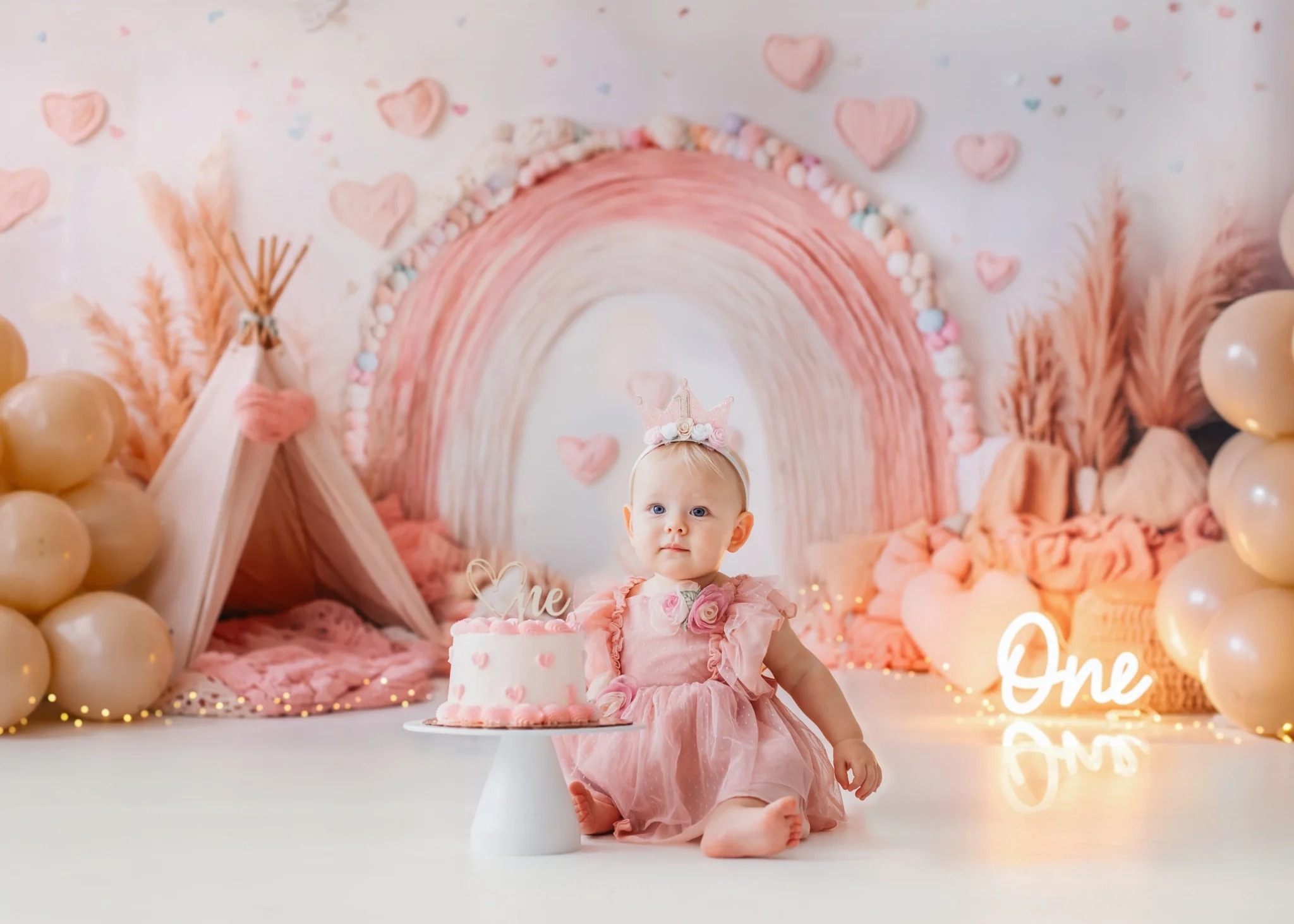 Kate Boho Rainbow Tent Hearts Pink Backdrop Designed by Emetselch
