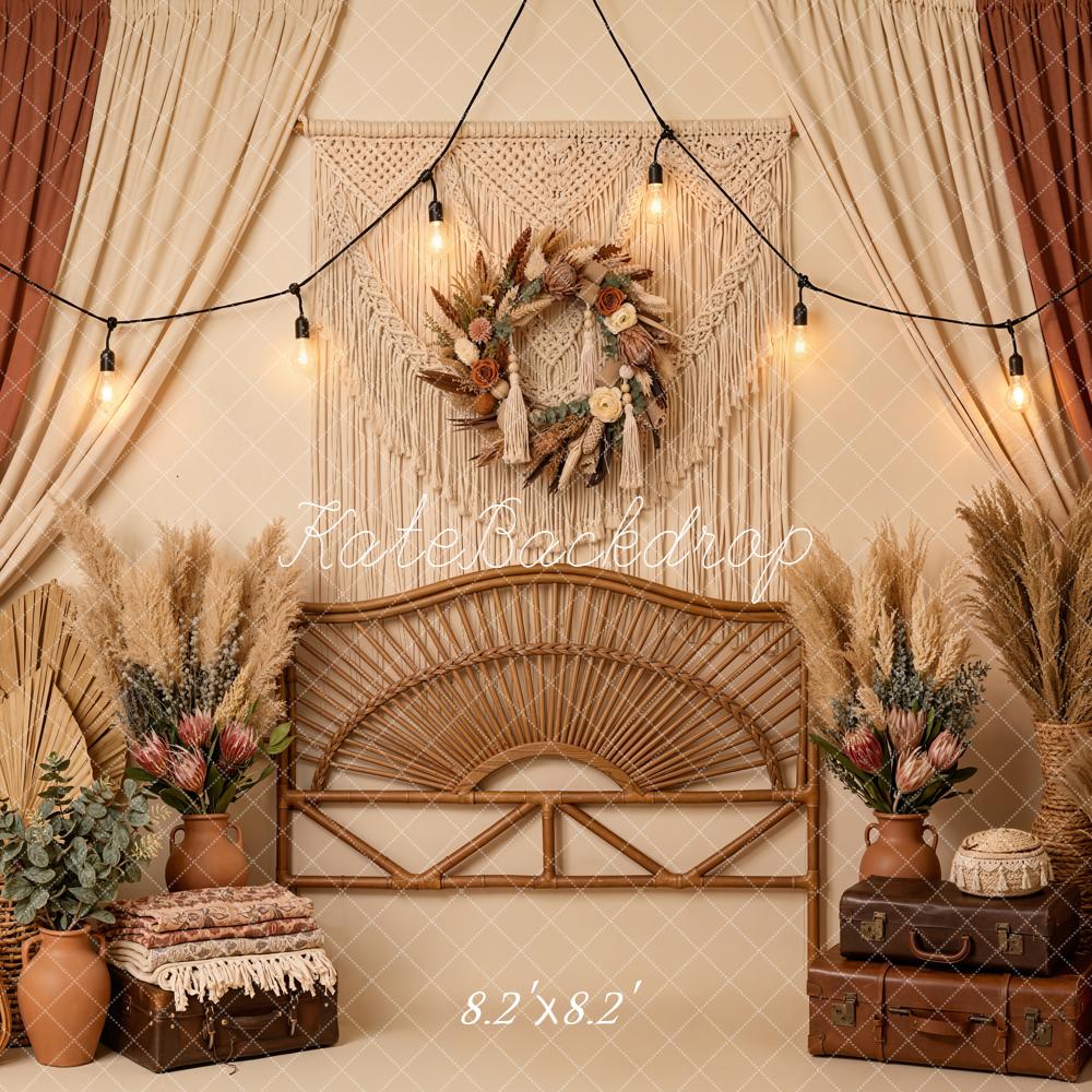 Kate Boho Rattan Pampas Grass Warm Beige Backdrop Designed by Emetselch - Image 5