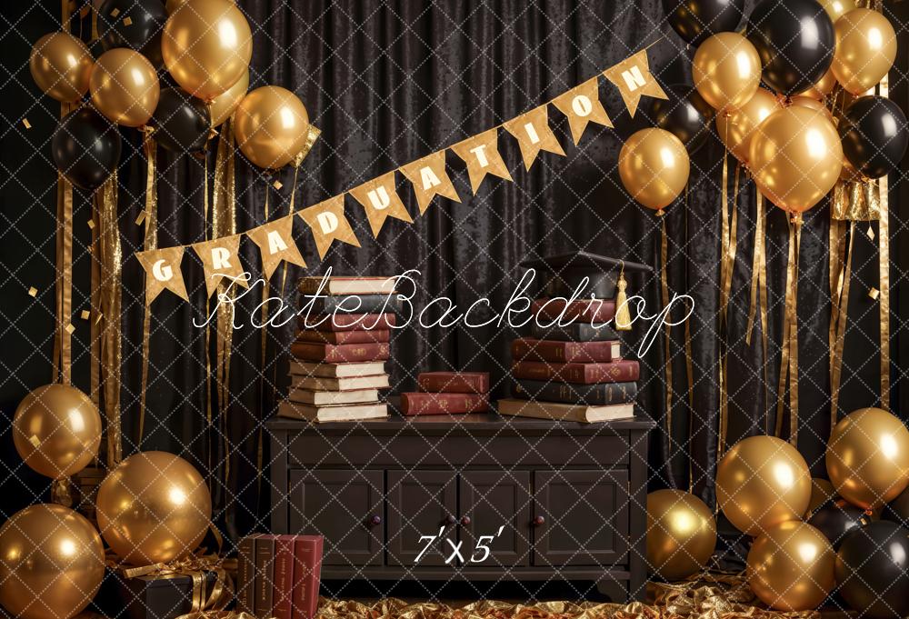 Kate Book Black Curtain Golden Balloon Graduation Backdrop Designed by Emetselch