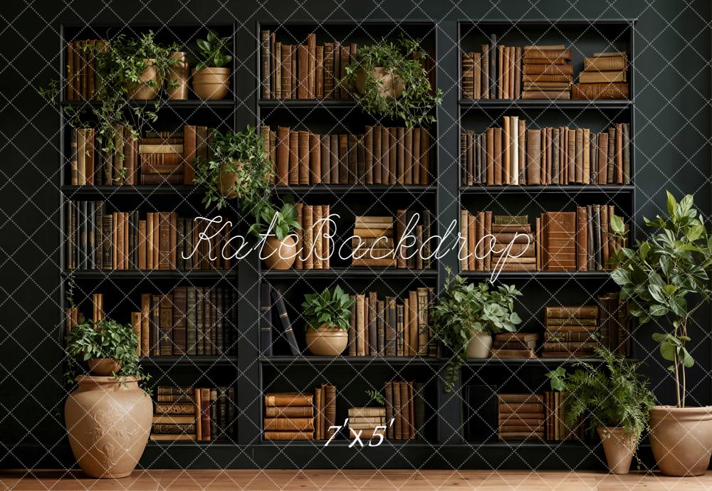Kate Bookshelves Vintage Books Potted Plants Backdrop Designed by Emetselch - Image 2