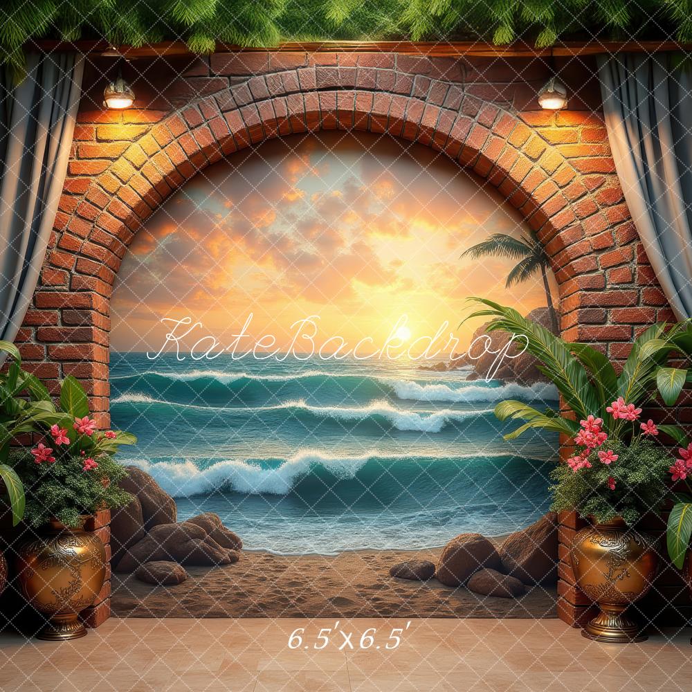 Kate Brick Arch Ocean View Tropical Plants Backdrop Designed by Laura Bybee - Image 2