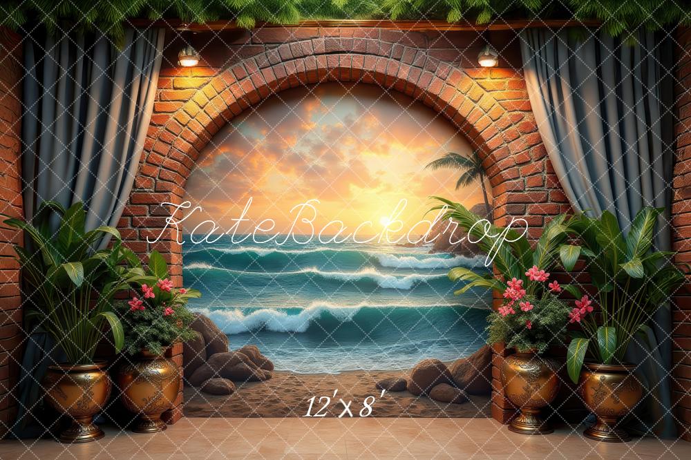 Kate Brick Arch Ocean View Tropical Plants Backdrop Designed by Laura Bybee - Image 8