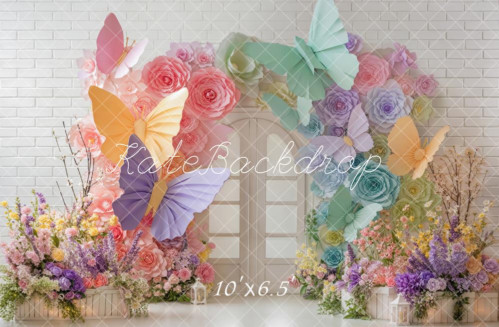 Kate Butterfly Floral Arch White Brick Fleece Backdrop Designed by Emetselch - Image 2