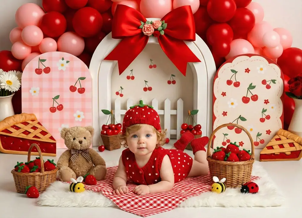 Kate Cake Smash Cherry Pie Balloon Arch Backdrop Designed by Mini MakeBelieve