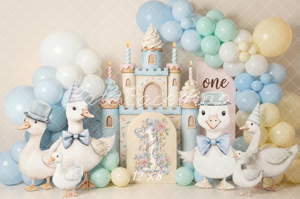 Kate Cake Smash Duck Castle Balloons Pastel Fleece Backdrop Designed by Emetselch - Image 4