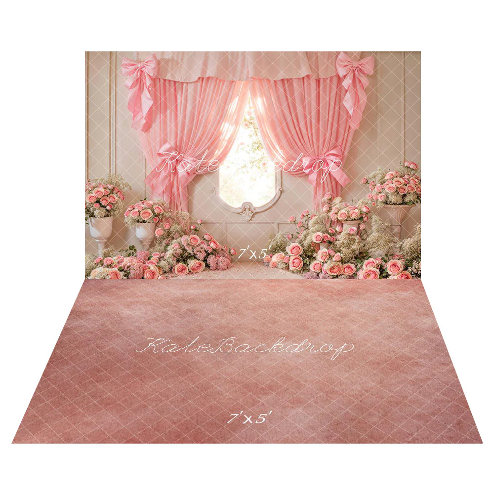 Kate Cake Smash Floral Curtain Bow Backdrop+Pink White Gradient Floor Backdrop