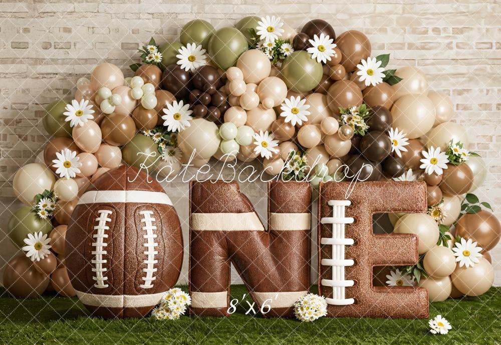 Kate Cake Smash Football Balloons Brick Wall Fleece Backdrop Designed by Emetselch