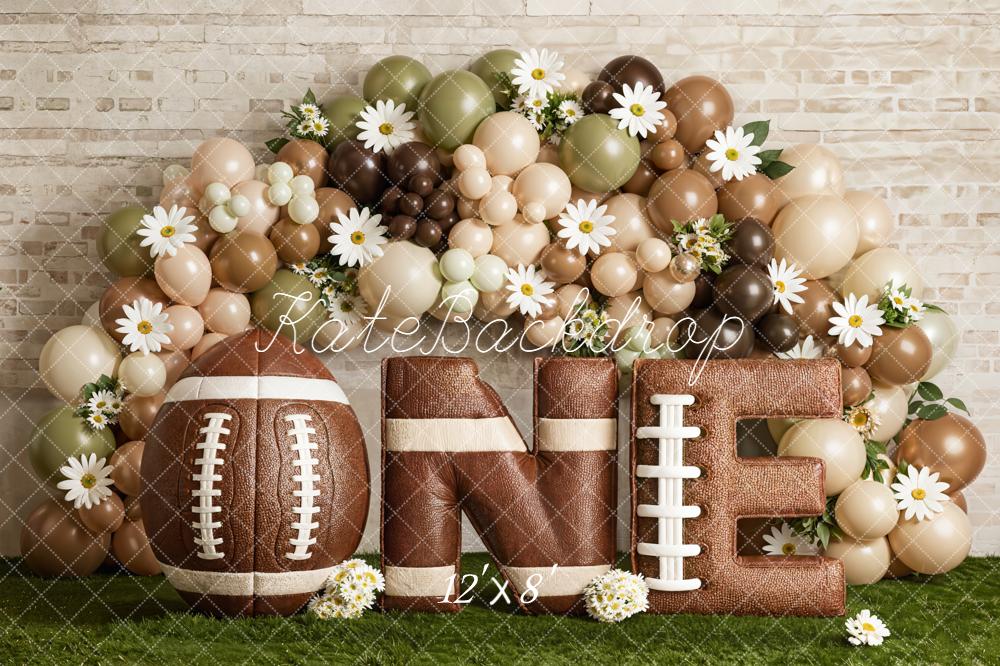 Kate Cake Smash Football Balloons Brick Wall Fleece Backdrop Designed by Emetselch - Image 4