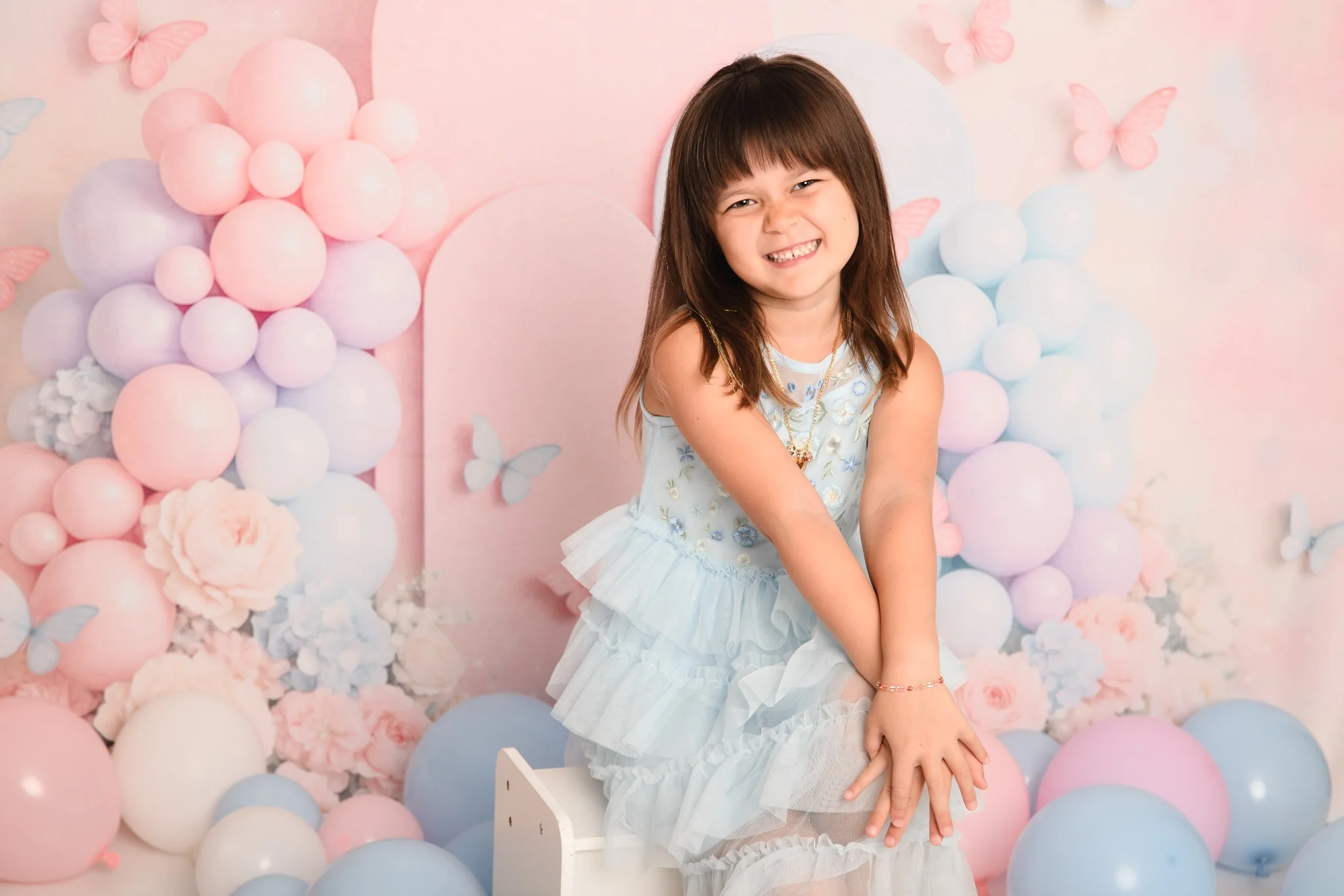 Kate Cake Smash Pastel Balloon Floral Butterfly Backdrop Designed by Ashley Paul