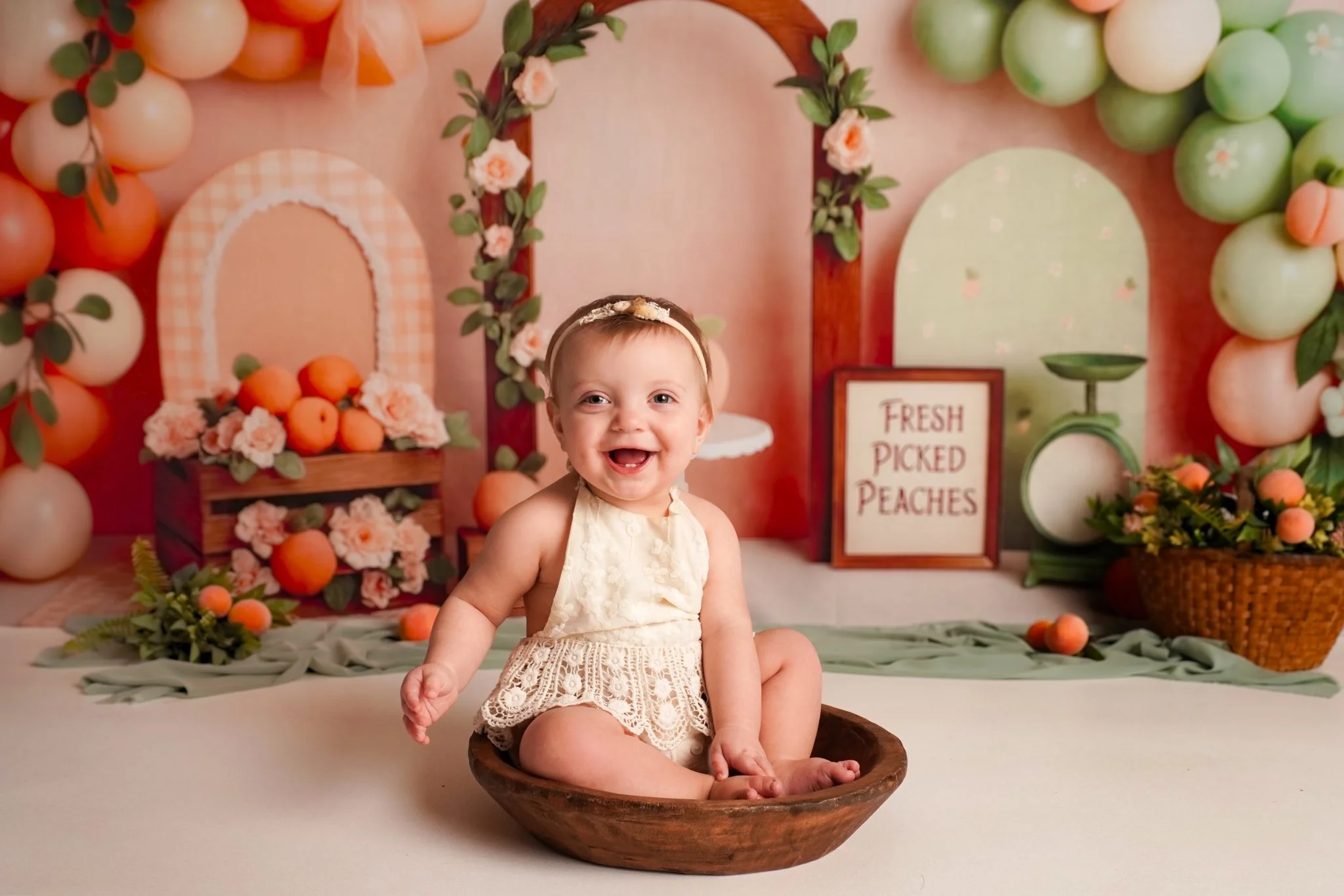 Kate Cake Smash Peach Balloon Arch Backdrop Designed by Patty Robert