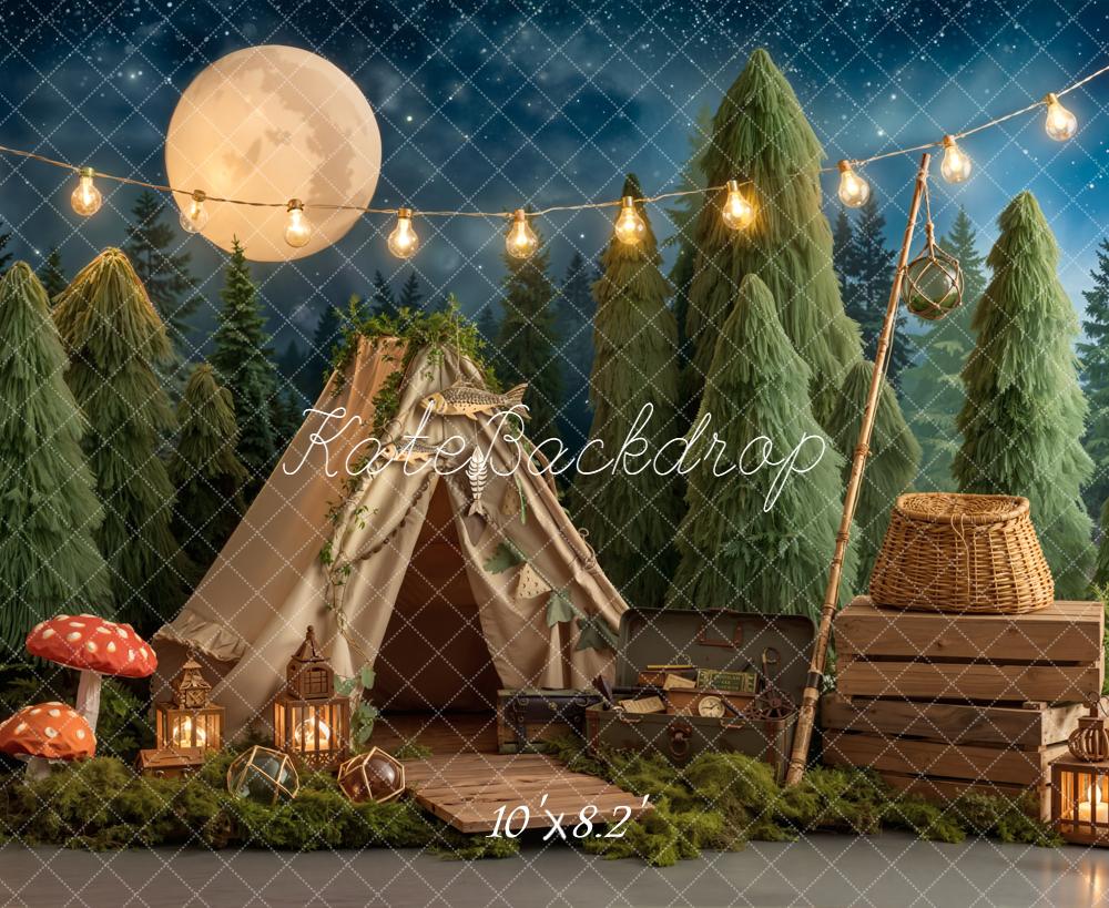 Kate Camping Forest Tent Mushrooms Night Backdrop Designed by Emetselch - Image 6