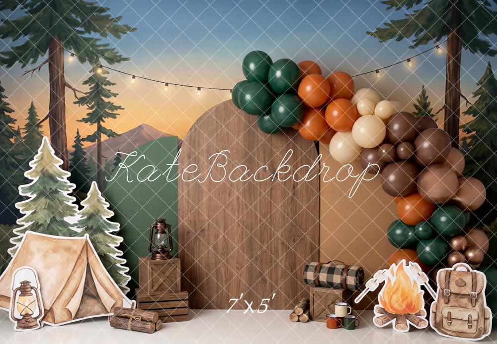 Kate Camping Tent Campfire Balloon Arch Forest Backdrop Designed by Patty Robert