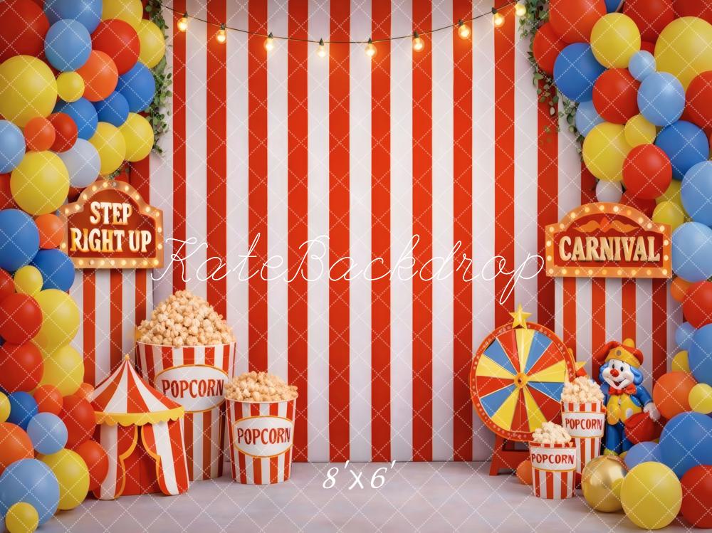 Kate Carnival Striped Balloons Popcorn Clown Fleece Backdrop Designed by Vertigo Productions