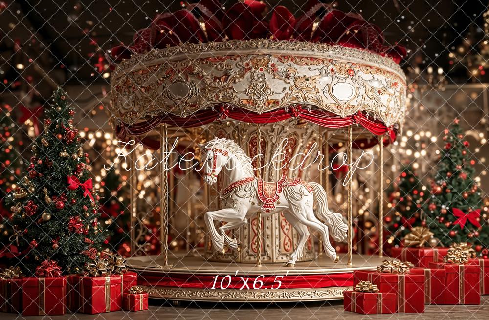 Kate Carousel Christmas Tree Red Gifts Backdrop Designed by Emetselch - Image 4