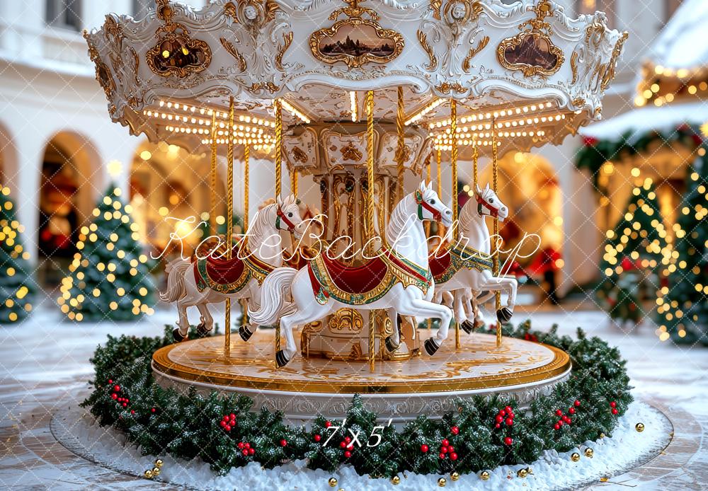 Kate Carousel Horses Christmas Trees Backdrop Designed by Mini MakeBelieve