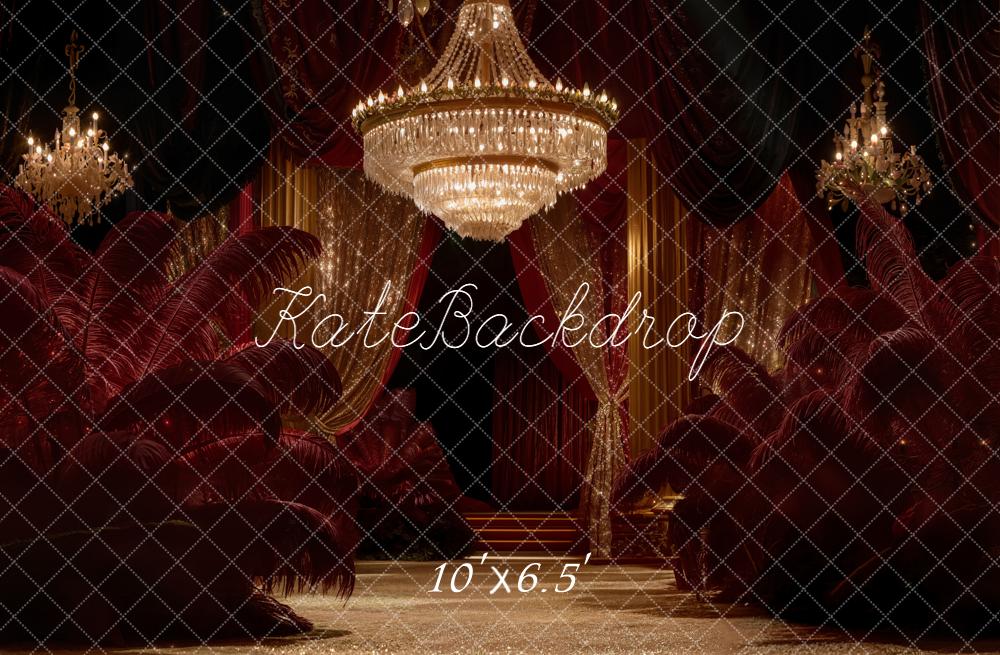 Kate Chandelier Red Feathers Gold Curtains Backdrop Designed by Emetselch - Image 4