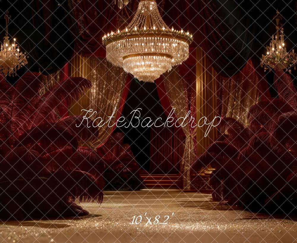 Kate Chandelier Red Feathers Gold Curtains Backdrop Designed by Emetselch - Image 6