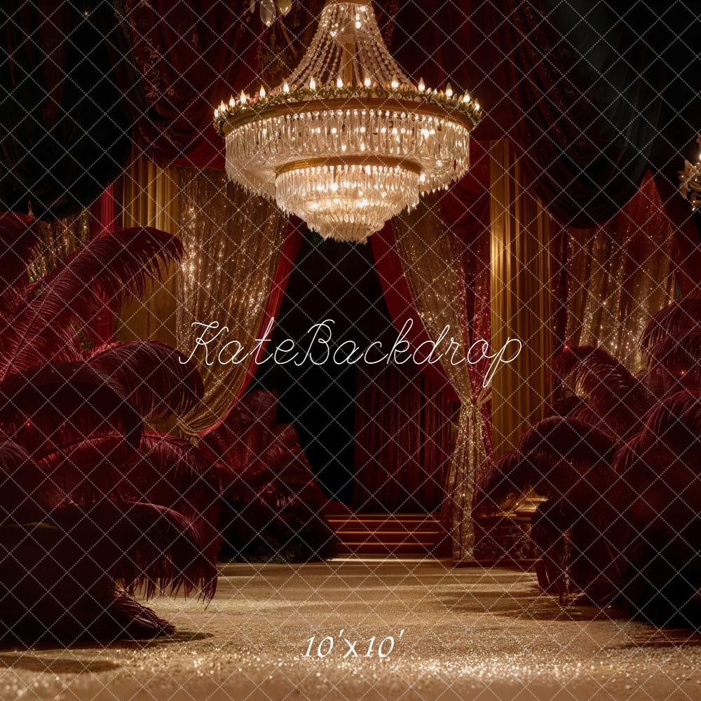 Kate Chandelier Red Feathers Gold Curtains Backdrop Designed by Emetselch - Image 7