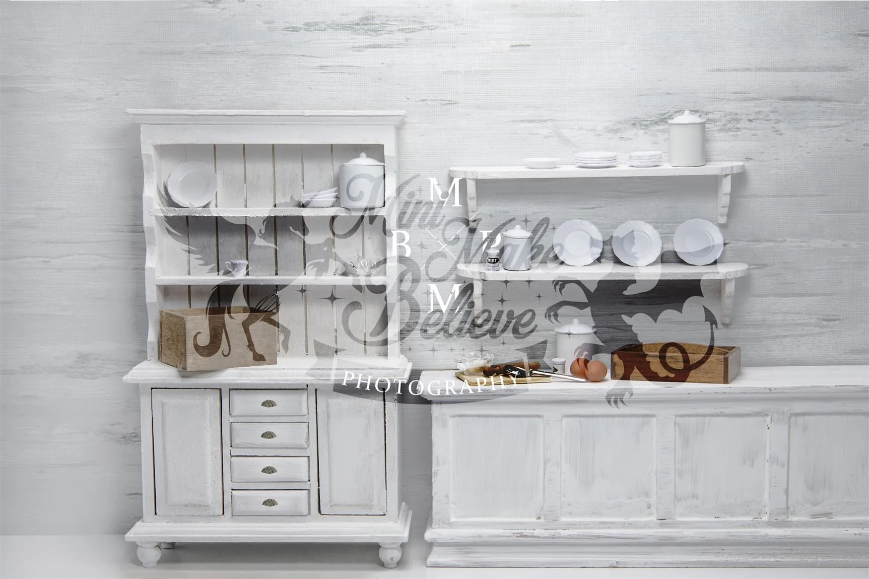 Kate Chic White Kitchen Backdrop Designed by Mini MakeBelieve