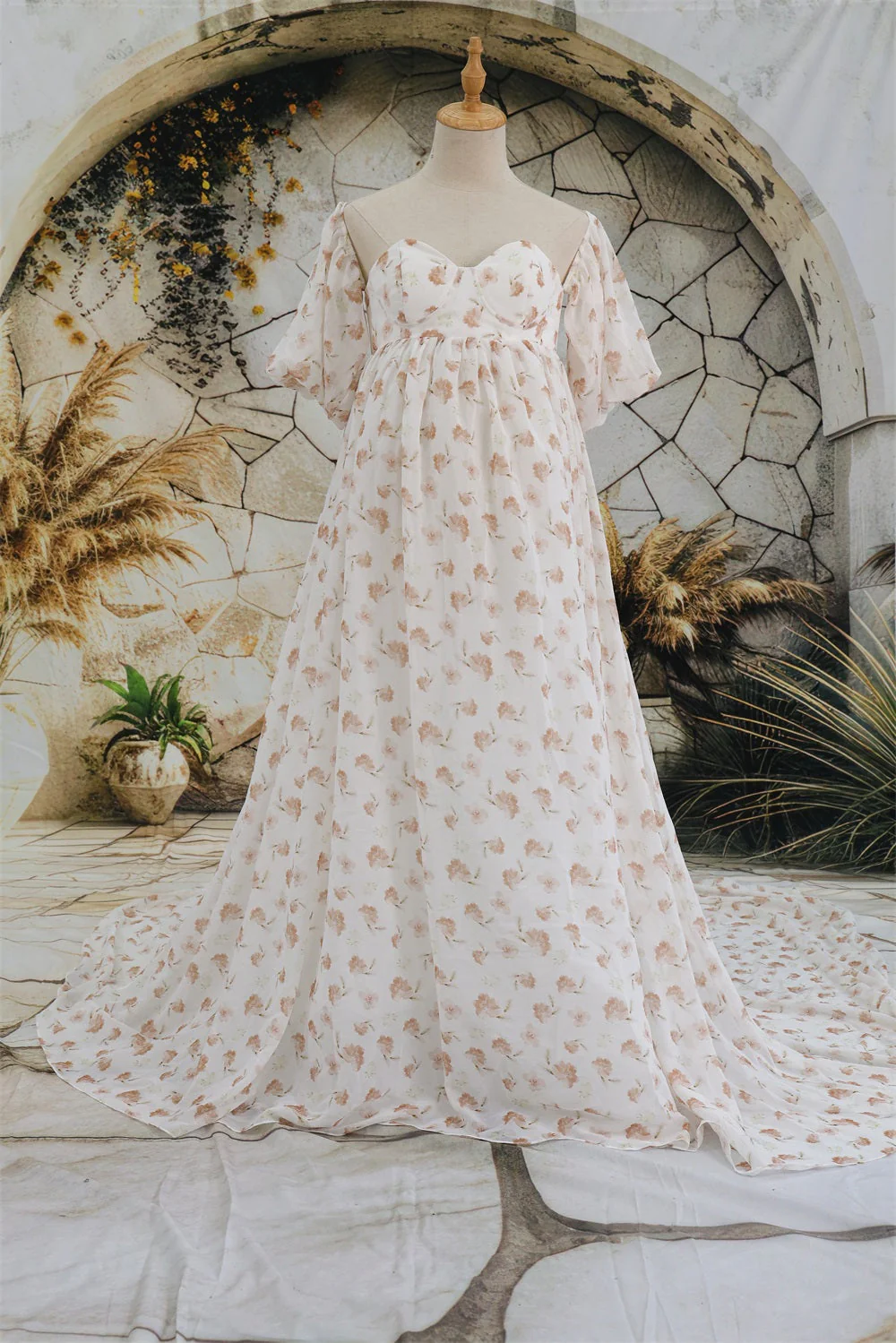 Kate Chiffon Flower Printed White Maternity Photoshoot Dress - Image 2