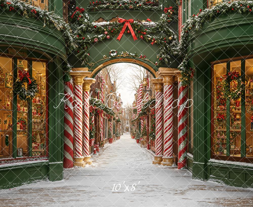 Kate Christmas Arch Candy Cane Shopfronts Fleece Backdrop Designed by Emetselch - Image 3