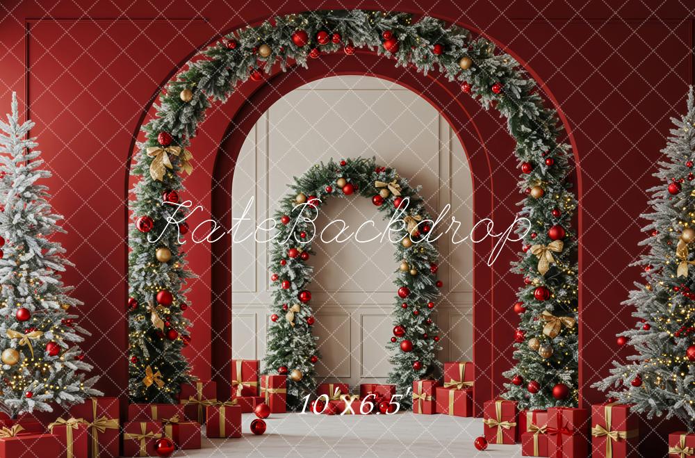 Kate Christmas Arch Garland Presents Red Fleece Backdrop Designed by Patty Robert - Image 2