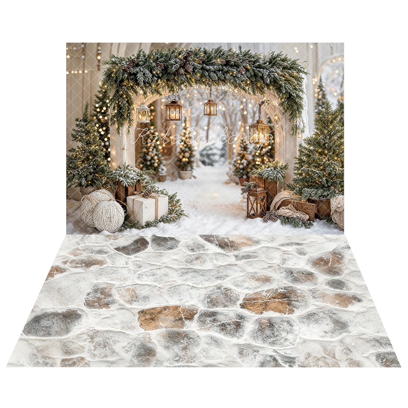 Kate Christmas Arch Garland Snow Trees Backdrop+Stone Texture Floor Backdrop