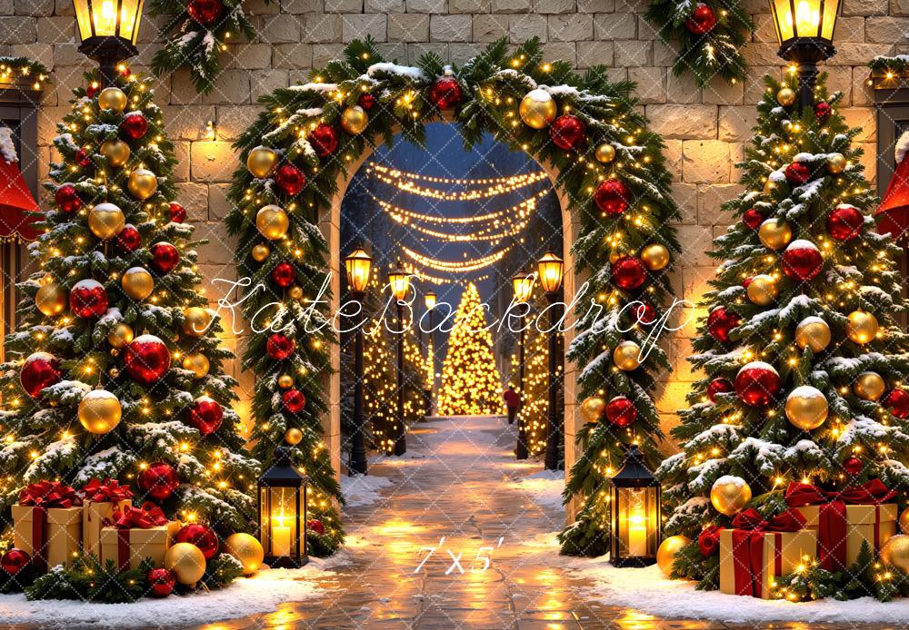 Kate Christmas Arch Garland Snowy Trees Gifts Backdrop Designed by Mini MakeBelieve