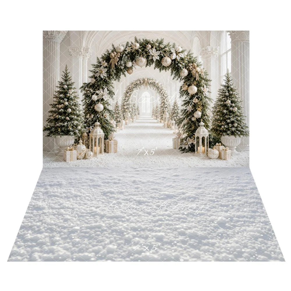 Kate Christmas Arch Lanterns Trees Gifts Backdrop+Winter Snowy Ground Texture Backdrop