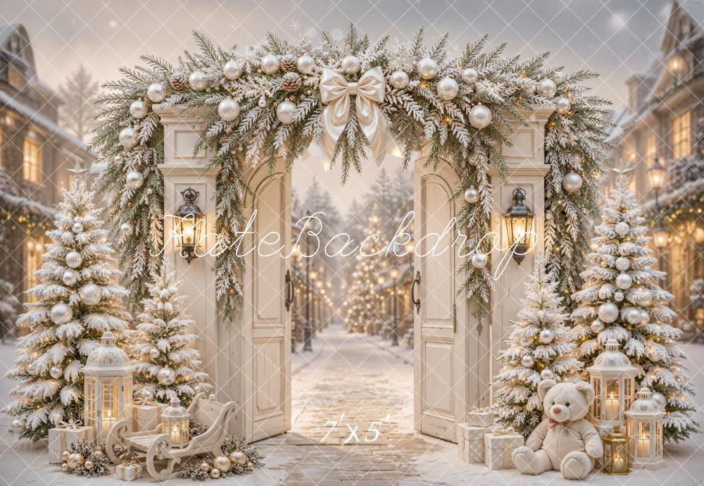 Kate Christmas Arch Door Snowy Street Lanterns Backdrop Designed by Emetselch