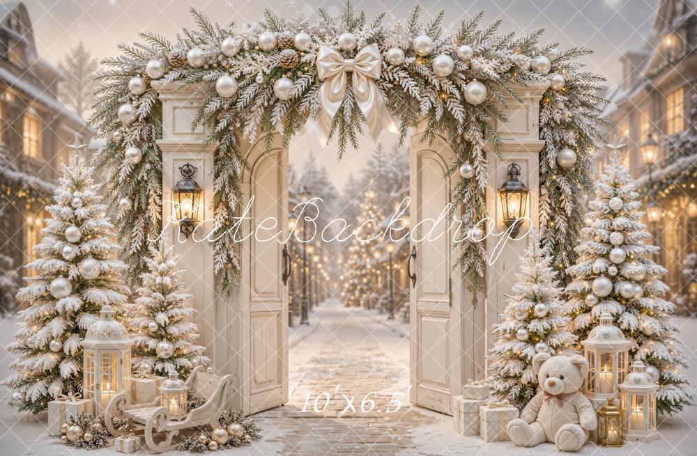 Kate Christmas Arch Door Snowy Street Lanterns Backdrop Designed by Emetselch - Image 4