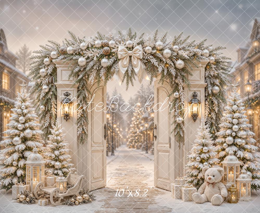Kate Christmas Arch Door Snowy Street Lanterns Backdrop Designed by Emetselch - Image 6