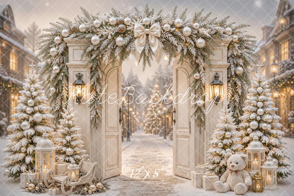 Kate Christmas Arch Door Snowy Street Lanterns Backdrop Designed by Emetselch - Image 8