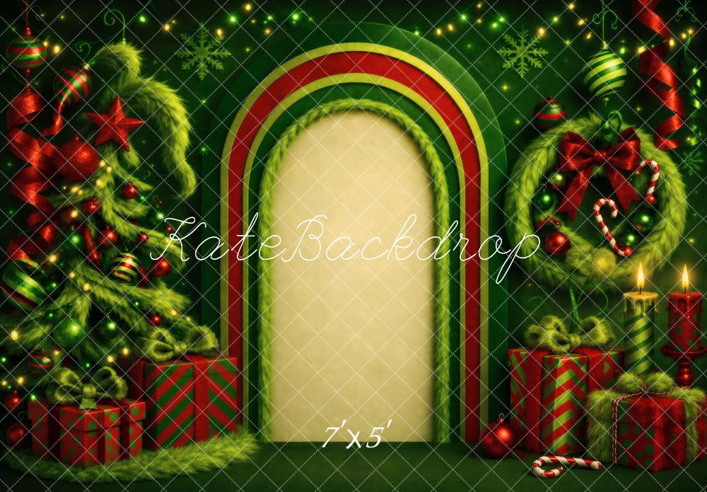 Kate Christmas Arch Tree Wreath Presents Green Backdrop Designed by Vertigo Productions