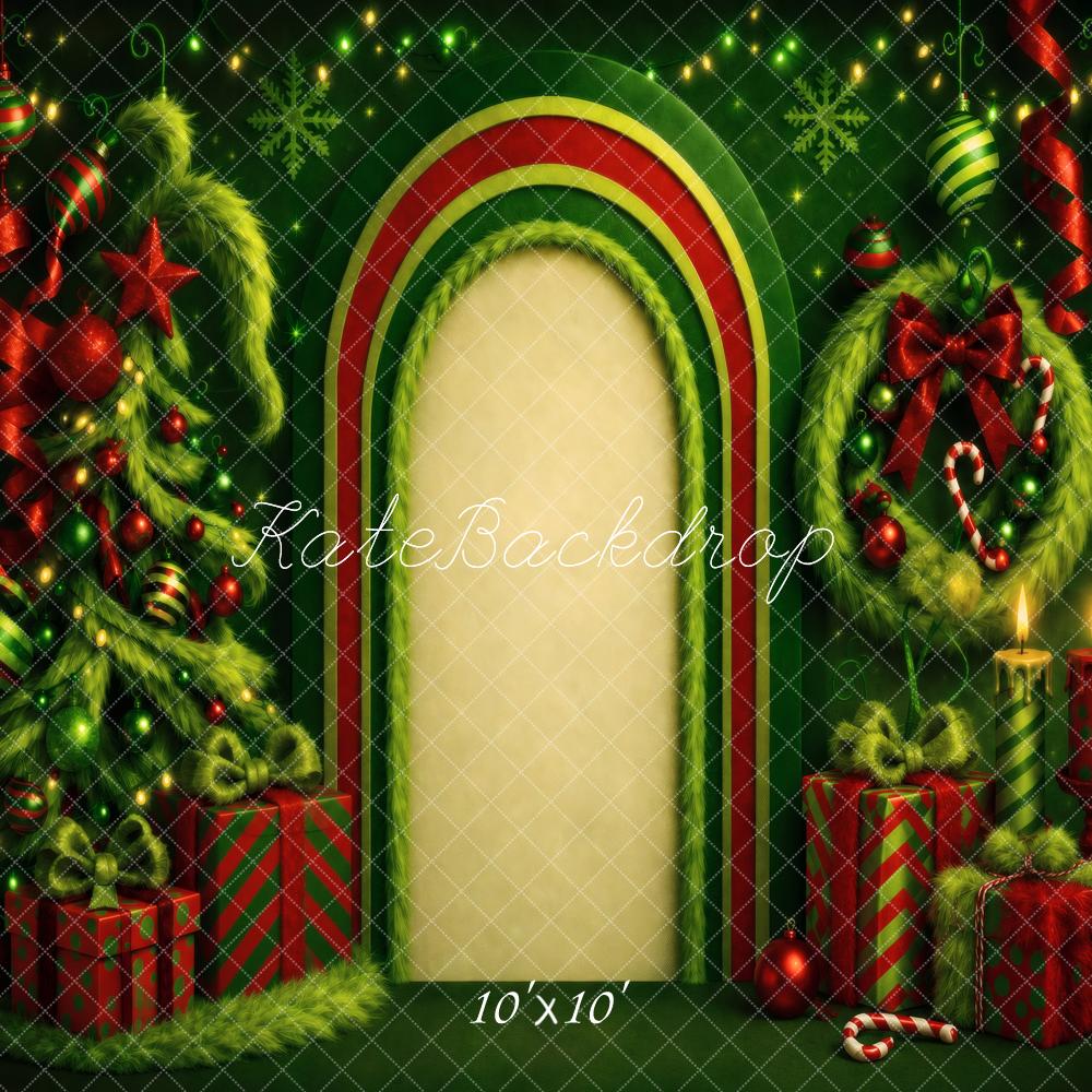 Kate Christmas Arch Tree Wreath Presents Green Backdrop Designed by Vertigo Productions - Image 7
