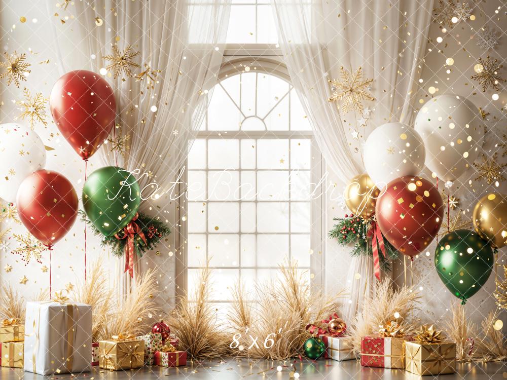 Kate Christmas Balloons Window Gifts Fleece Backdrop Designed by Emetselch