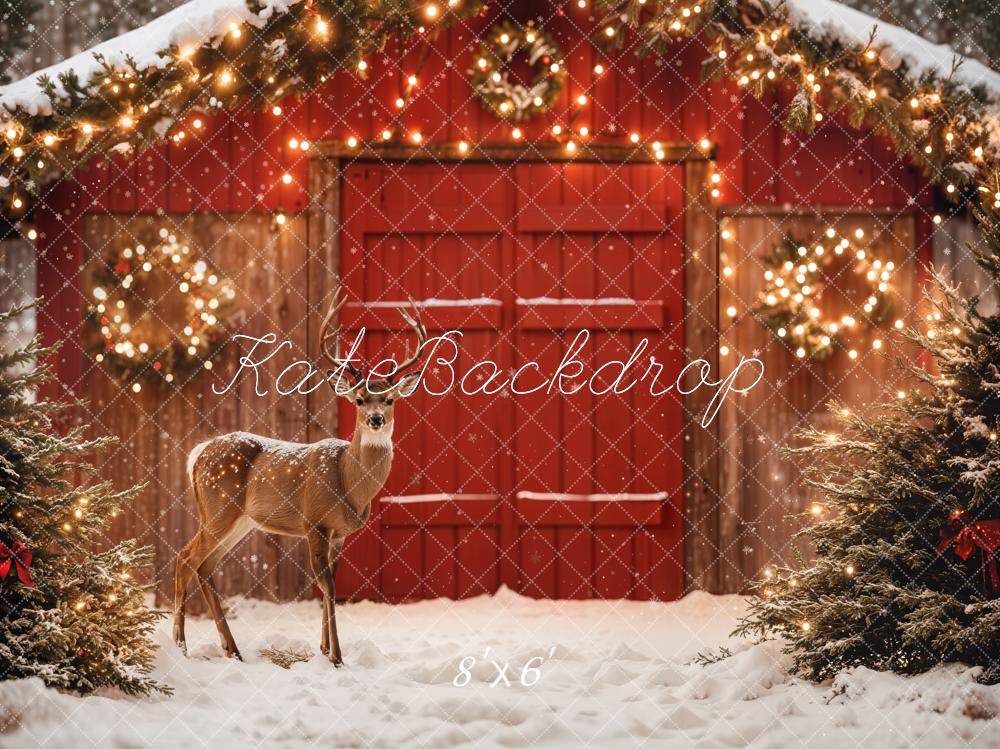 Kate Christmas Barn Deer Fairy Lights Fleece Backdrop Designed by Emetselch