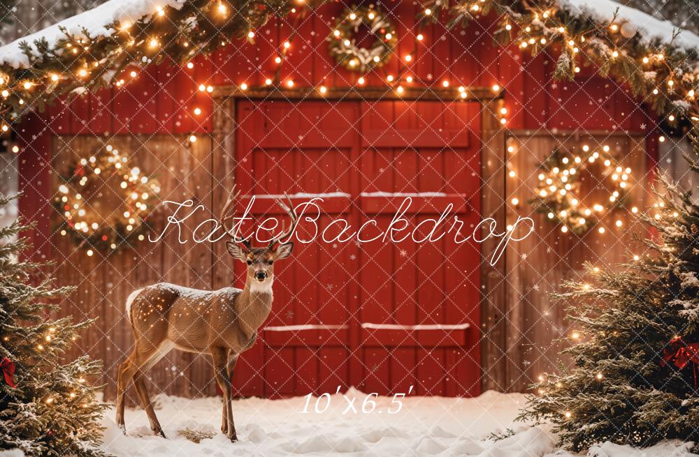 Kate Christmas Barn Deer Fairy Lights Fleece Backdrop Designed by Emetselch - Image 2