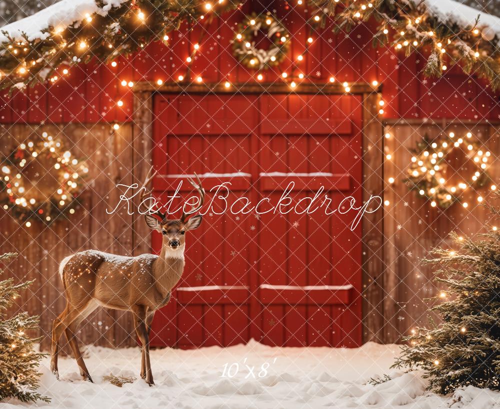 Kate Christmas Barn Deer Fairy Lights Fleece Backdrop Designed by Emetselch - Image 3