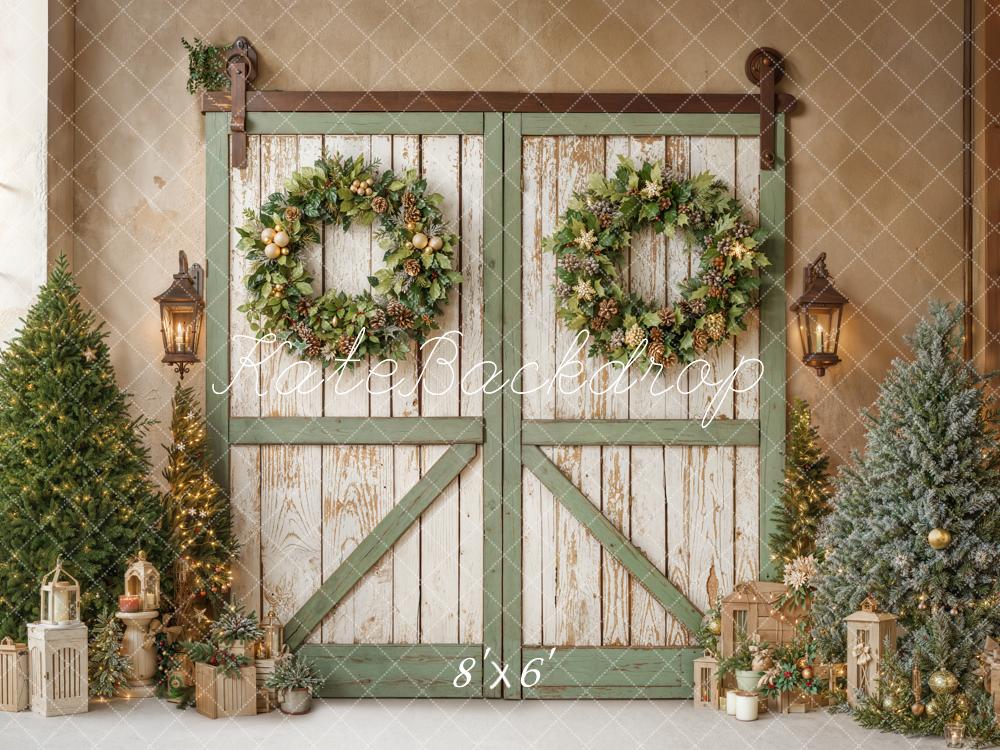 Kate Christmas Barn Door Wreath Trees Fleece Backdrop Designed by Emetselch - Image 3
