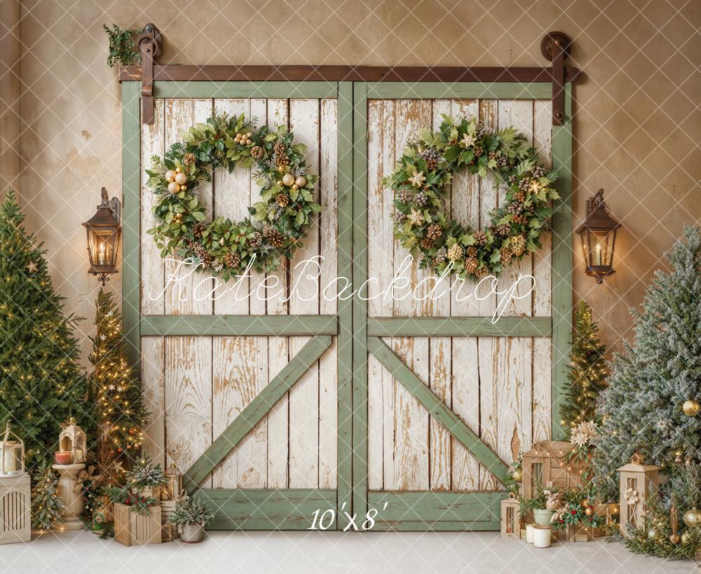 Kate Christmas Barn Door Wreath Trees Fleece Backdrop Designed by Emetselch - Image 4
